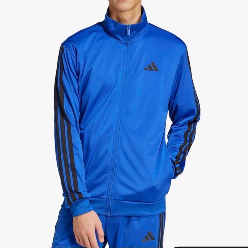 Adidas Men's Vibrant Blue Jacket with Black Stripes